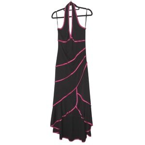La‎ Belle Maxi Dress Womens Large Black Pink Trim Halter High Low Gown 90s Y2K